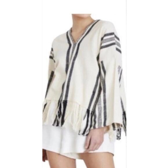 Apiece Apart Amelia Woven Striped Poncho Sweater 100% cotton cream & black sz L - Picture 1 of 9